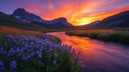 Sunset with wildflowers in a mountain valleyの素材