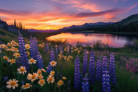 Wildflower Sunset in Mountain Valleyの素材