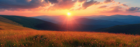 Sunset Over Flowering Mountain Meadowの素材