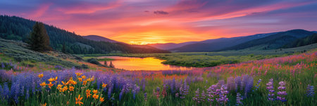 Sunset with wildflowers in a mountain valleyの素材