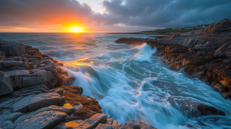 Sunset Waves on Rocky Shorelineの素材