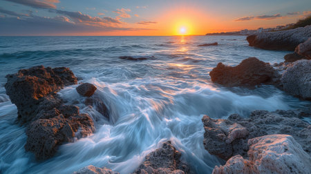 Sunset Waves on Rocky Shorelineの素材