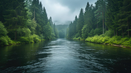 Peaceful River Through Dense Forestの素材