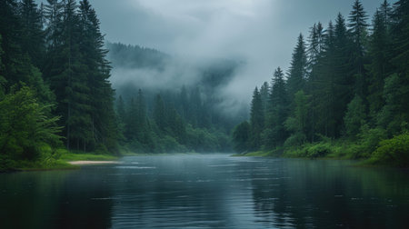 Peaceful River Through Dense Forestの素材