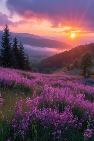 The first rays of dawn over the mountain meadowsの素材