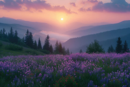 The first rays of dawn over the mountain meadowsの素材