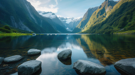 A lake of tranquility in a mountain valleyの素材