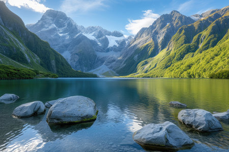 A lake of tranquility in a mountain valleyの素材