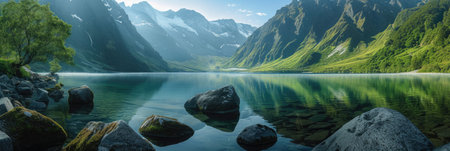 A serene lake in the middle of the mountainsの素材