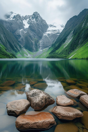 A lake of tranquility in a mountain valleyの素材