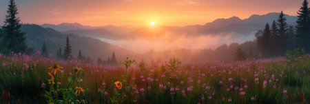 The first rays of dawn over the mountain meadowsの素材