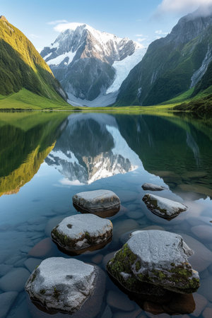 A lake of tranquility in a mountain valleyの素材