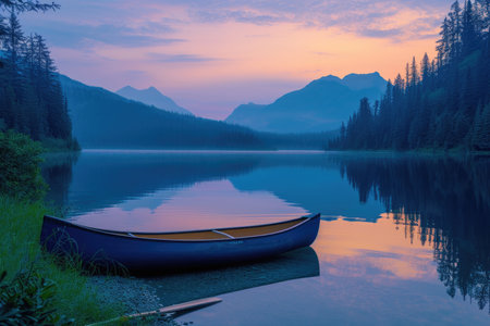Twilight serenity on the shores of a mountain lakeの素材