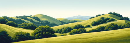 Lush Green Hills and Trees in Rural Countrysideの素材