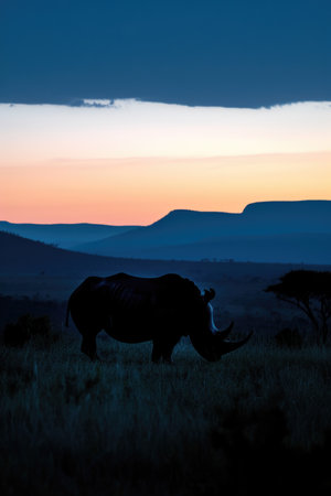 Rhinoceros Silhouette Against Misty Mountain Range at Twilightの素材