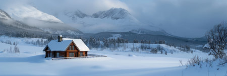 Snow-Covered Cabin in Mountainous Terrainの素材