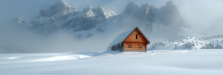 Snow-Covered Cabin in Mountainous Terrainの素材