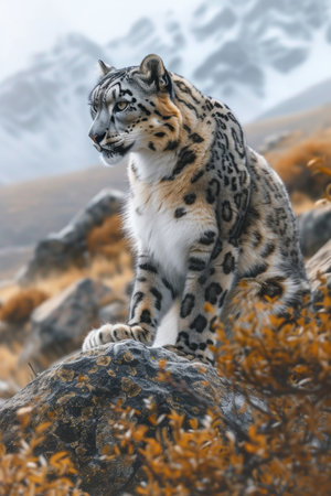 Snow Leopard in Mountain Terrainの素材