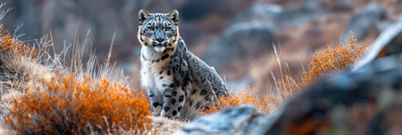 Snow Leopard in Mountain Terrainの素材