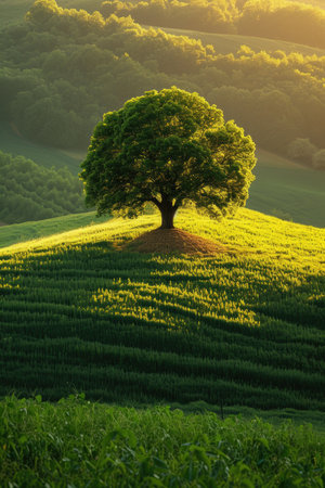 Lone Tree Bathed in Sunlight on a Verdant Hillsideの素材