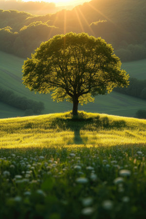 A golden sunset over a lone tree in a flowering fieldの素材