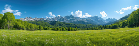 Expansive Green Meadow with Distant Mountain Rangeの素材