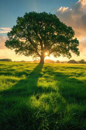 A golden sunset over a lone tree in a flowering fieldの素材