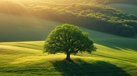 Lone Tree Bathed in Sunlight on a Verdant Hillsideの素材