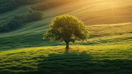 A golden sunset over a lone tree in a flowering fieldの素材
