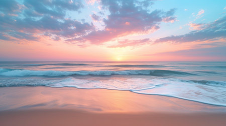 A gentle sunrise over a peaceful water surfaceの素材