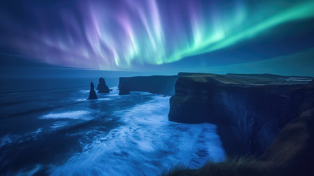 Northern Lights Aurora Display Over Coastal Cliffsの素材