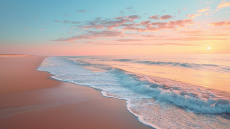 A gentle sunrise over a peaceful water surfaceの素材