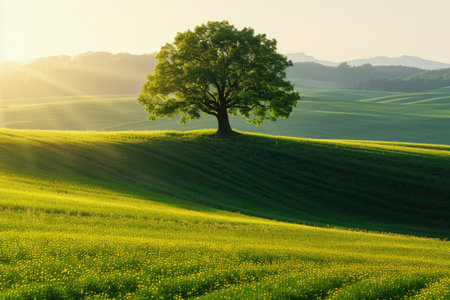 Golden Sunset Over a Solitary Tree in a Blooming Fieldの素材