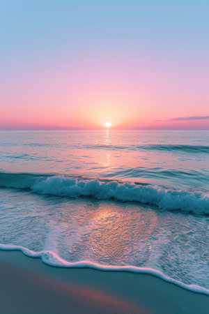 A gentle sunrise over a peaceful water surfaceの素材