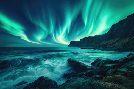 Northern Lights Aurora Display Over Coastal Cliffsの素材