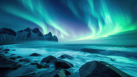 Northern Lights Aurora Display Over Coastal Cliffsの素材