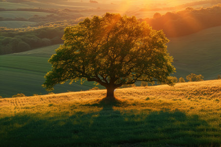 Lone Tree Bathed in Sunlight on a Verdant Hillsideの素材