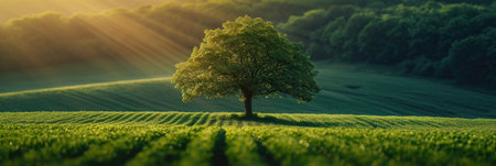 Golden Sunset Over a Solitary Tree in a Blooming Fieldの素材