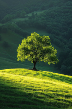 A golden sunset over a lone tree in a flowering fieldの素材
