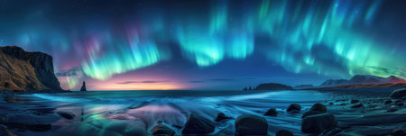 Northern Lights Aurora Display Over Coastal Cliffsの素材