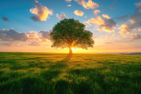 A golden sunset over a lone tree in a flowering fieldの素材