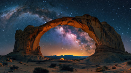 Milky Way Galaxy Viewed from a Desert Rock Archの素材
