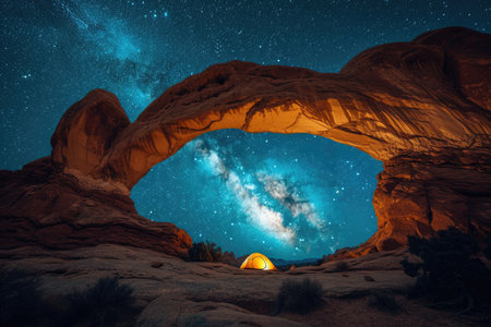 Milky Way Galaxy Viewed from a Desert Rock Archの素材