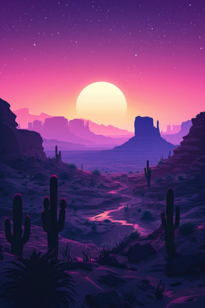 Twilight Glow Over Stylized Desert Landscapeの素材
