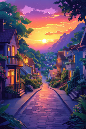 Sunset Glow Over Whimsical Town Streetの素材