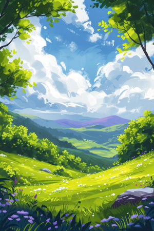 Sunny Day over Lush Green Meadowsの素材