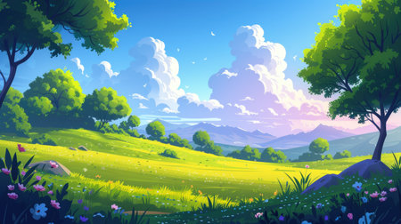 Sunny Day over Lush Green Meadowsの素材