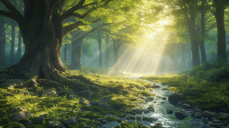 Magical Forest Scene with Sunlight and Ancient Treesの素材