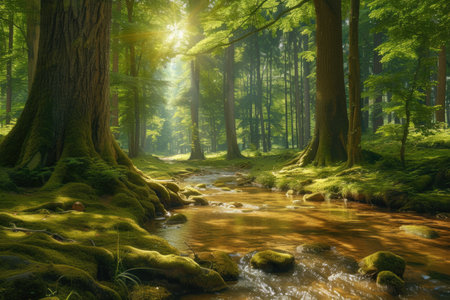 Mystical Sunbeams Filtering Through an Enchanted Forestの素材