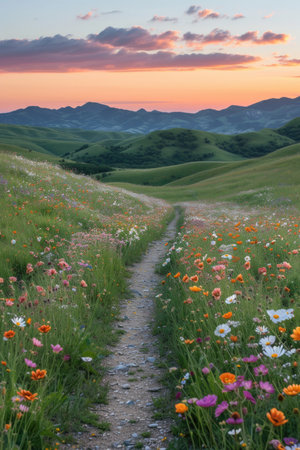 Sunset Serenity Over Blossoming Wildflower Hillsの素材